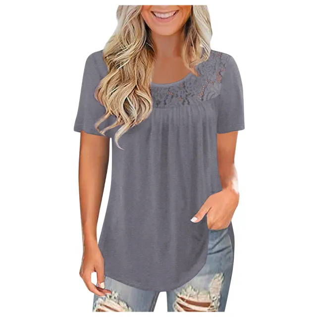 Women's Plus Size Short Sleeved Lace Pleated Shirt Summer Shirt Top Grey - Shop at LoveMi