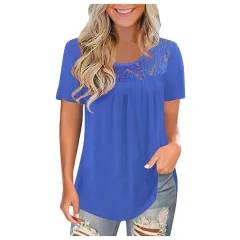 Women's Plus Size Short Sleeved Lace Pleated Shirt Summer Shirt Top - Blue - View 1