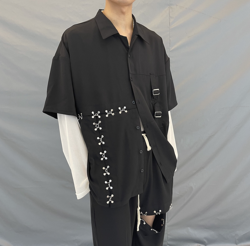 Handsome Shirt Short-Sleeved Half-Sleeved Popular Jacket Loose Casual Shirt Trend Metal Button Black Short-Sleeved Shirt