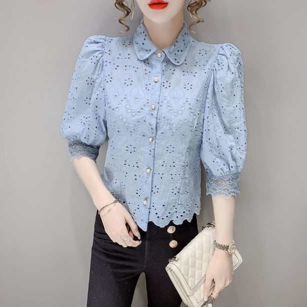 French Hollow Puff Sleeve Blue Shirt Women's Slim Short-sleeved Top
