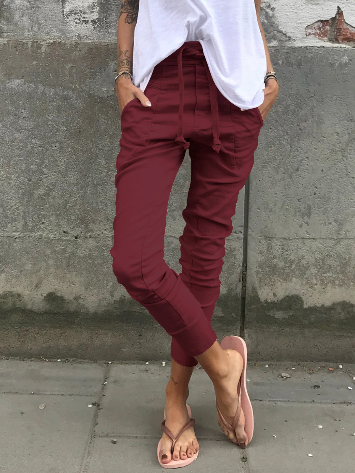 Casual Elastic Waist Micro Stretch Pocket Trousers Wine - Shop at LoveMi