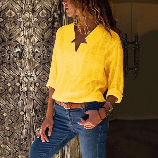 Women's V-neck long sleeve solid color shirt