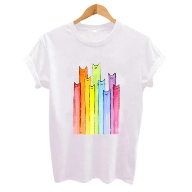 Abstract Cartoon Cat Print Female T shirt White - Shop at LoveMi