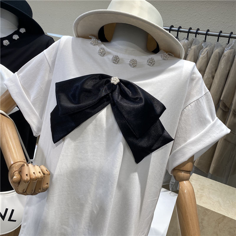 Heavy Industry Beaded Three-dimensional Big Bow Sweet Short-sleeved T-shirt