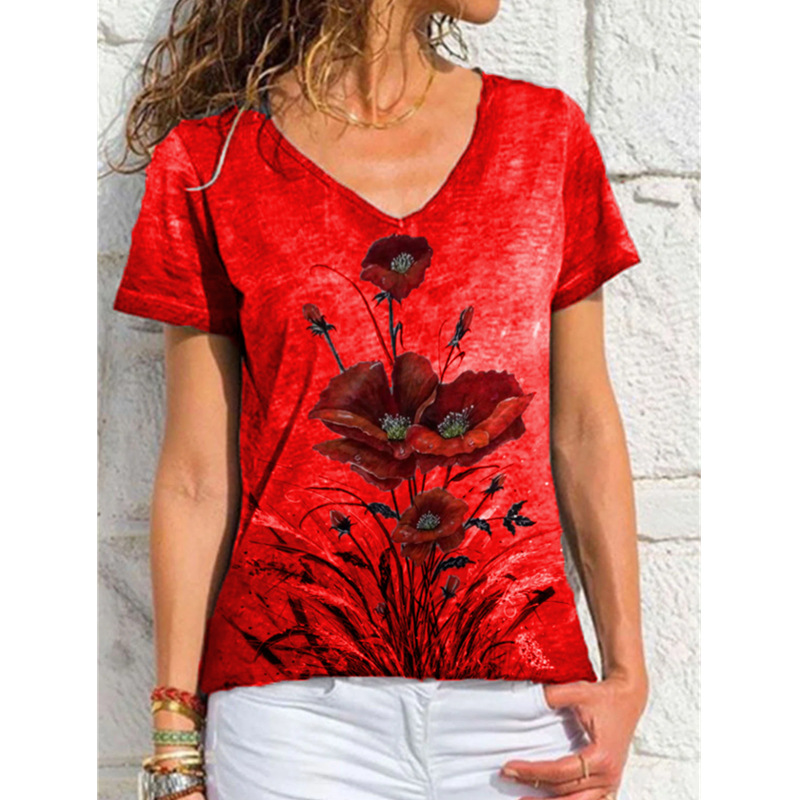 Title 2, Fashion Ladies Simple V-neck Printed Short Sleeve