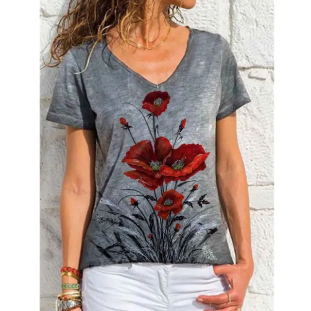Fashion Ladies Simple V neck Printed Short Sleeve Grey - Shop at LoveMi
