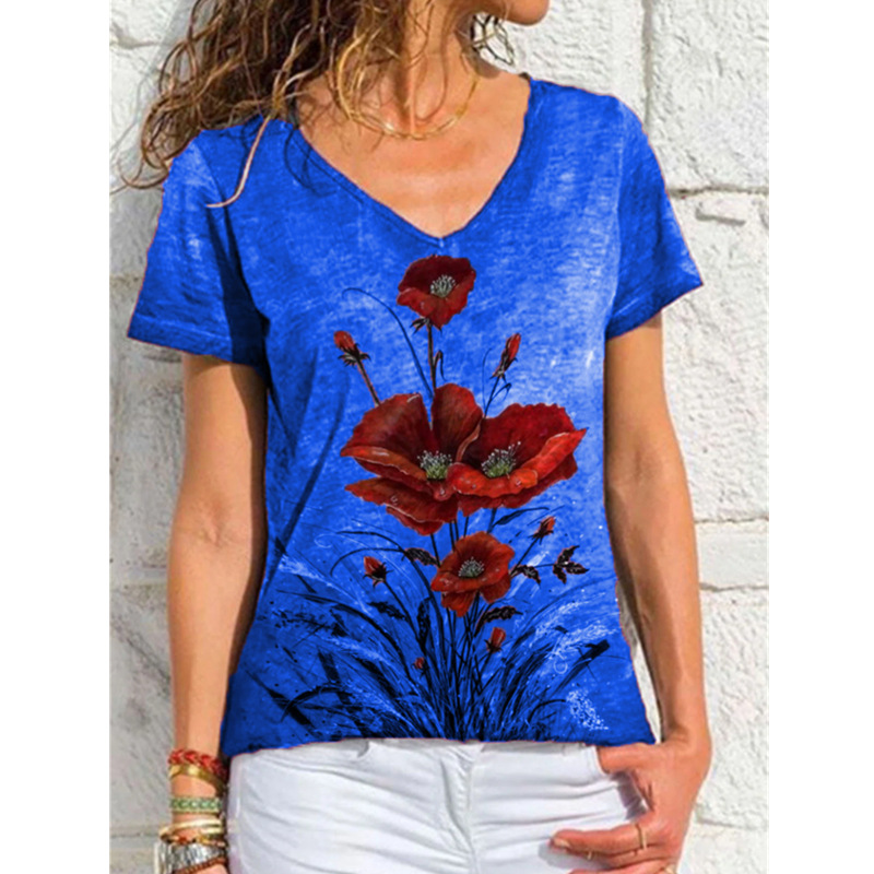 Fashion Ladies Simple V neck Printed Short Sleeve Blue - Shop at LoveMi