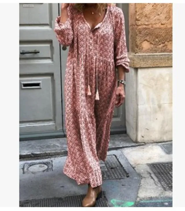 Long Sleeve V neck Printed Loose Dress Red - Shop at LoveMi