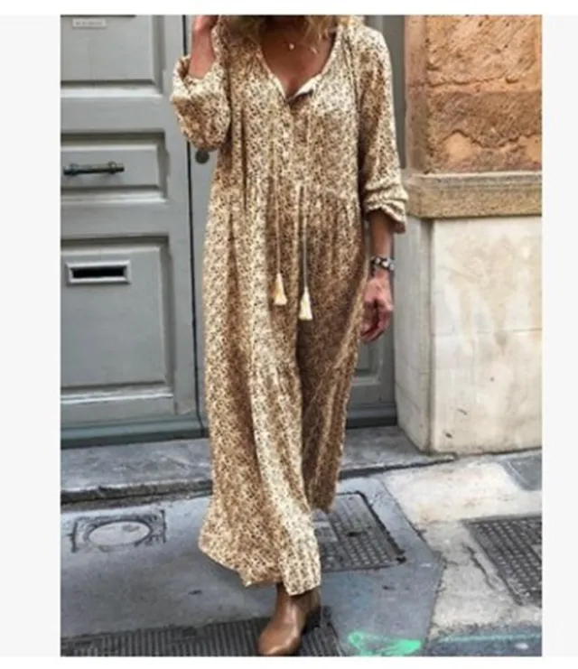 Long Sleeve V neck Printed Loose Dress Yellow - Shop at LoveMi