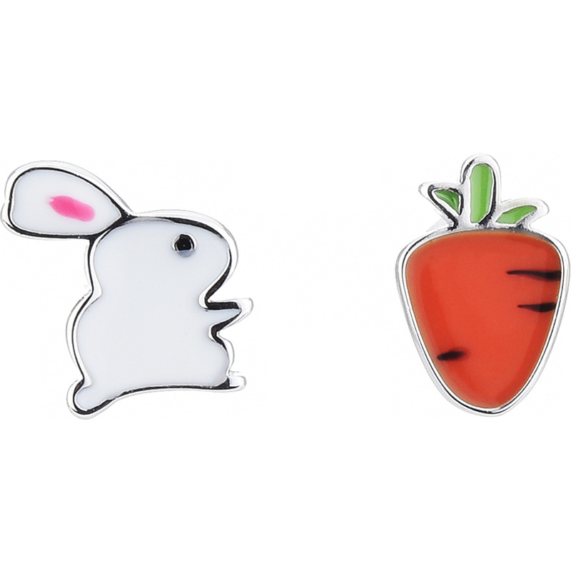 S925 Sterling Silver Rabbit Radish Personality Simple Student Asymmetric Earrings