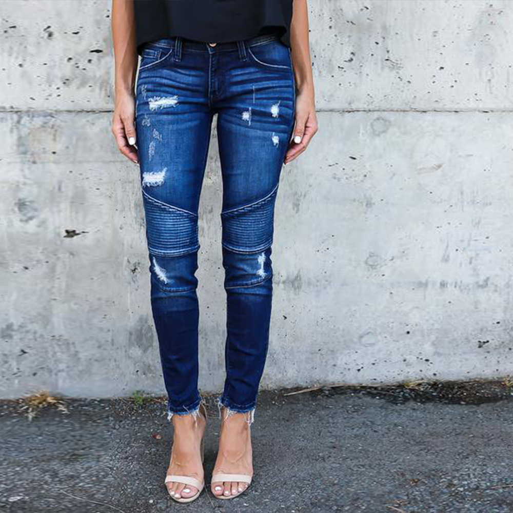 Pleated Ripped Elastic Pencil Skinny Jeans Women's Feet Pants Navy - Shop at LoveMi