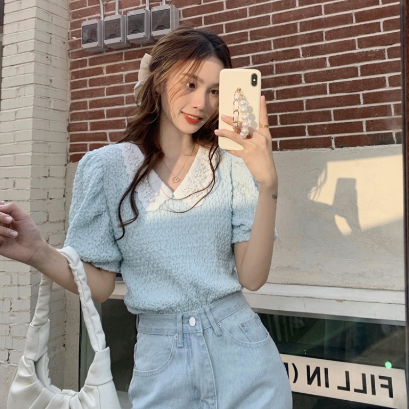 Summer Korean Style Beaded Doll Collar Shirt Design Niche Wrinkled Puff Sleeve Lining