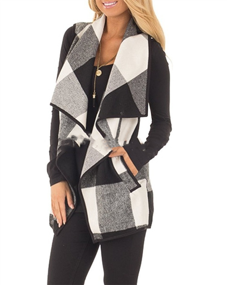 Sleeveless Ladies Plaid Pocket Cardigan Vest