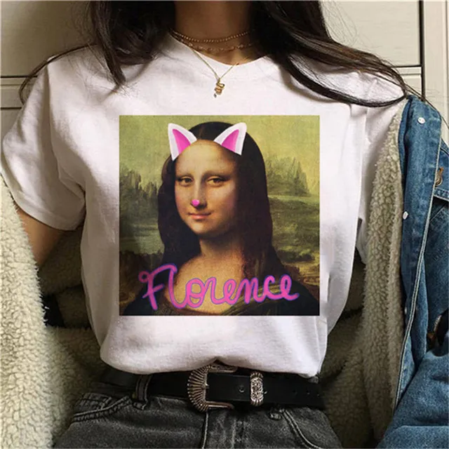 Round Neck Painting Mona Lisa Print Short Sleeves 5 Color - Shop at LoveMi