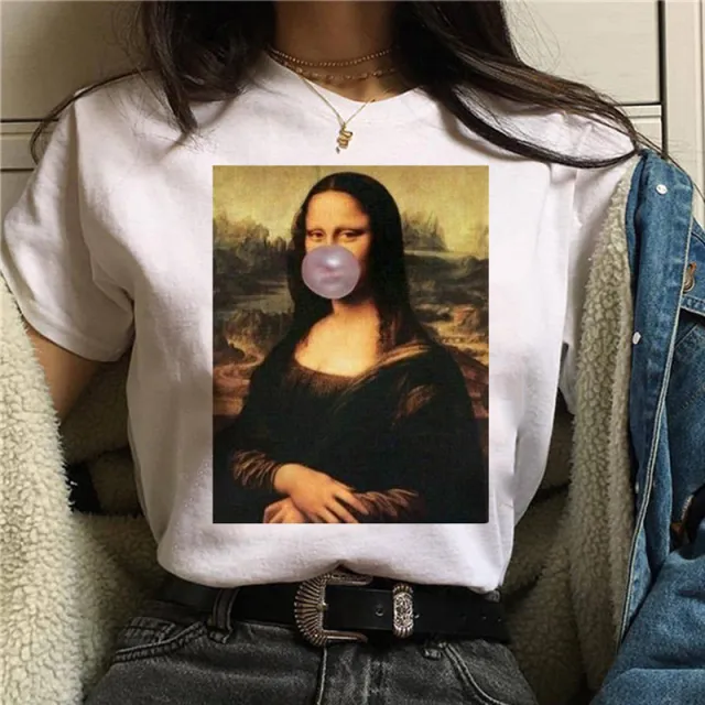 Round Neck Painting Mona Lisa Print Short Sleeves 6 Color - Shop at LoveMi