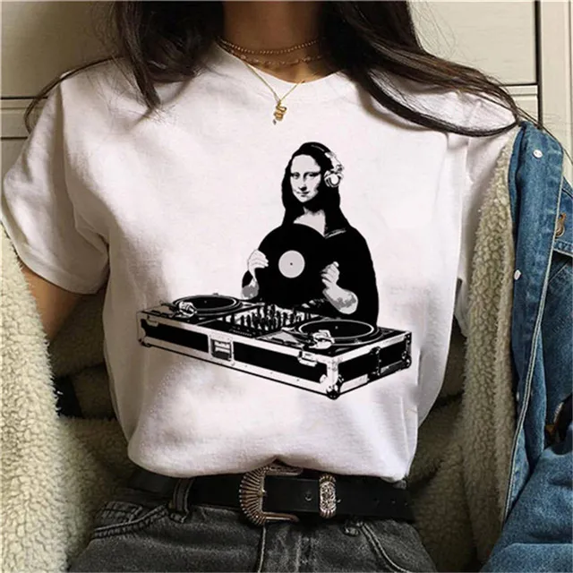 Round Neck Painting Mona Lisa Print Short Sleeves 9 Color - Shop at LoveMi
