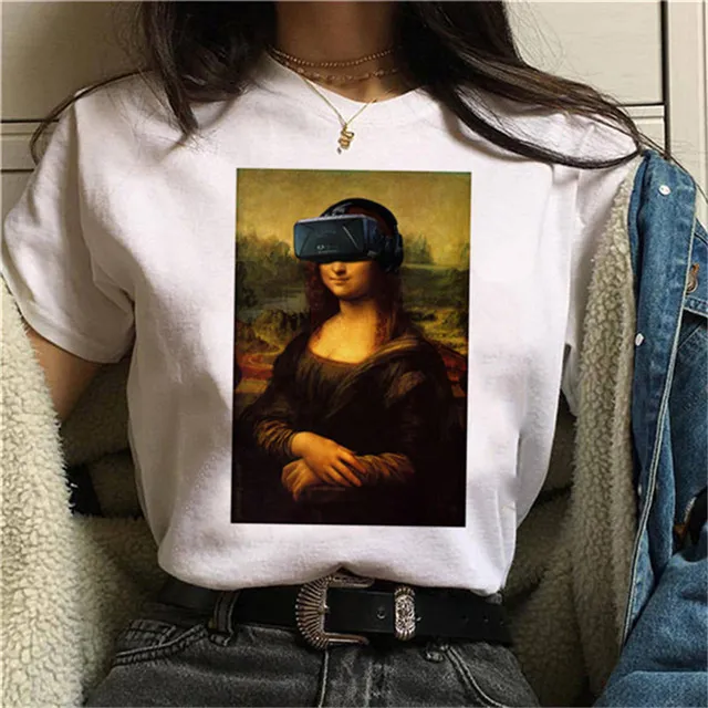 Round Neck Painting Mona Lisa Print Short Sleeves 17Color - Shop at LoveMi