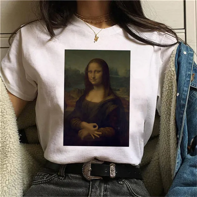 Round Neck Painting Mona Lisa Print Short Sleeves 15Color - Shop at LoveMi