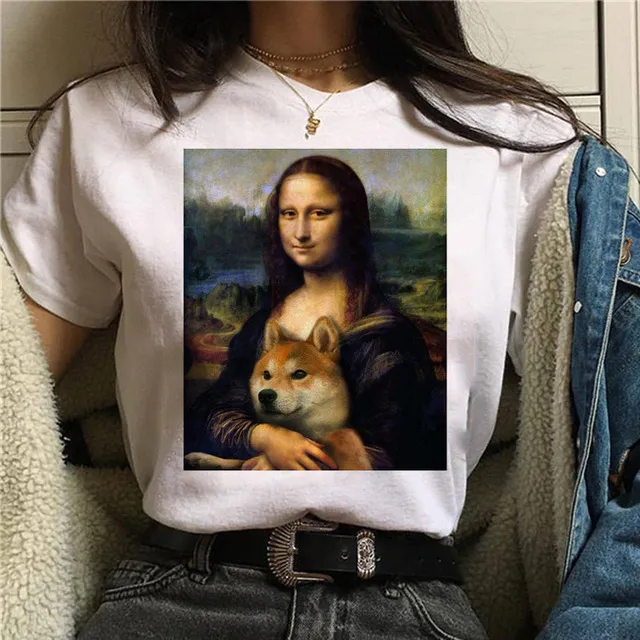 Round Neck Painting Mona Lisa Print Short Sleeves 16Color - Shop at LoveMi