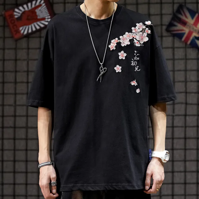 Crane Embroidery Lovers Summer Half Sleeved T Shirt Ins Street Hip Hop Short Sleeved Black - Shop at LoveMi