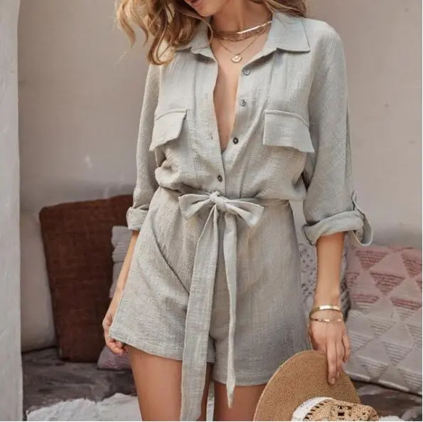 New Summer Fashion Casual Loose Cotton And Linen Jumpsuit - Grey