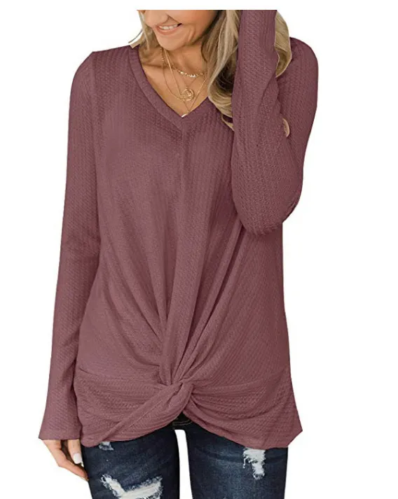 Waffle V neck Long Sleeve Twisted T shirt Top Knitwear Brown - Shop at LoveMi