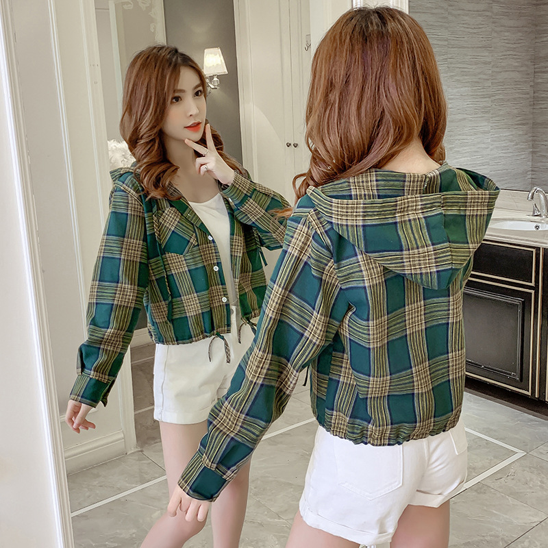 Korean Version Of The Loose Short Plaid Shirt Women's Spring New Long-sleeved Versatile Drawstring Top Hooded Jacket Tide