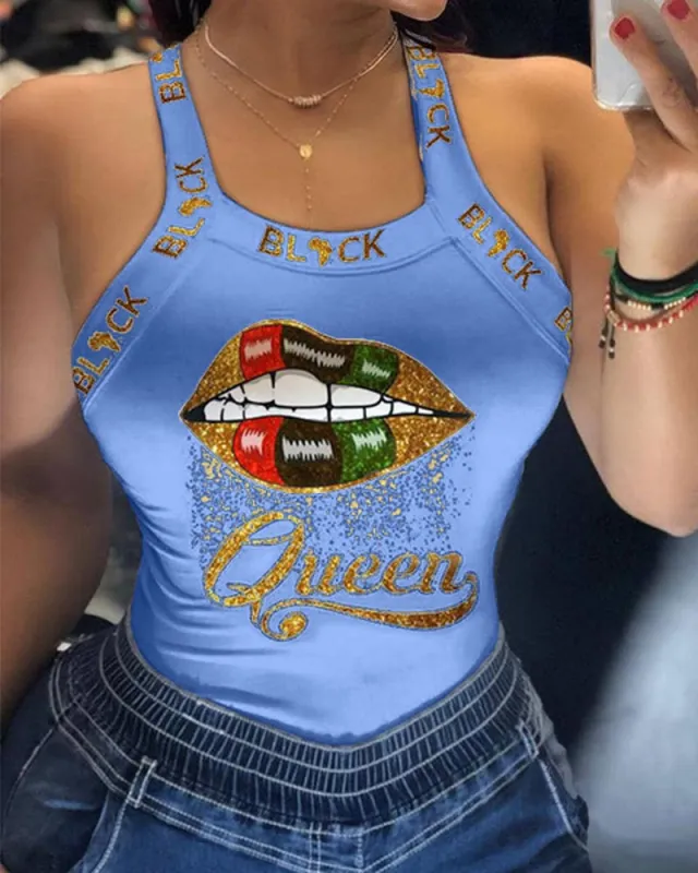 European And American Women's Sexy Sling Print T shirt Blue - Shop at LoveMi