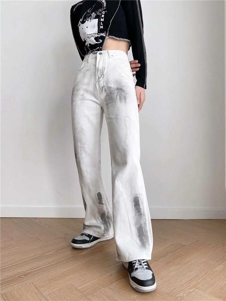 Old Design Literary Retro Style Splash Ink Design High Waist Jeans