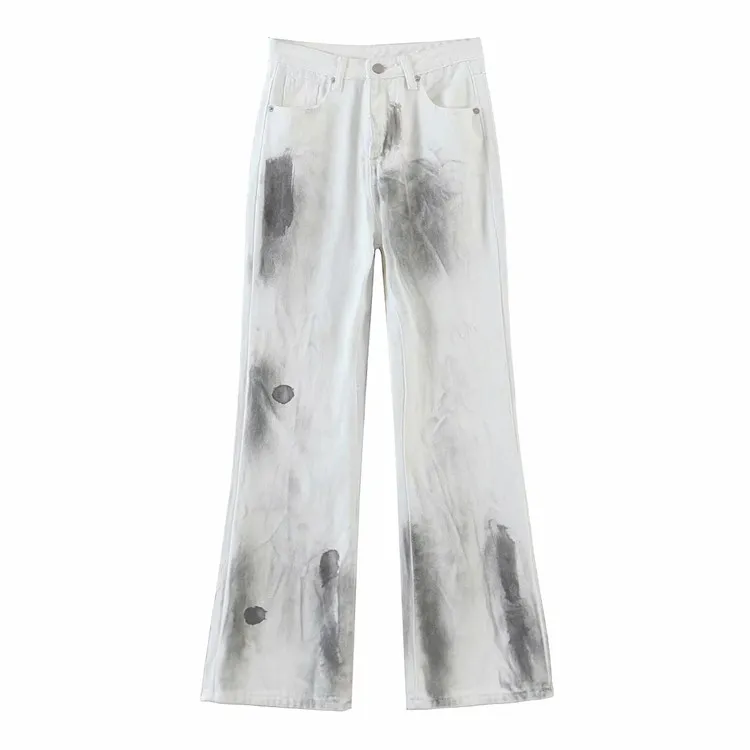 Old Design Literary Retro Style Splash Ink Design High Waist Jeans - Light Blue