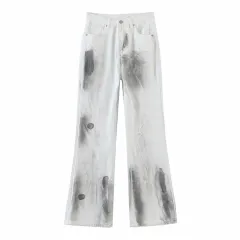 Old Design Literary Retro Style Splash Ink Design High Waist Jeans - Light Blue - View 1