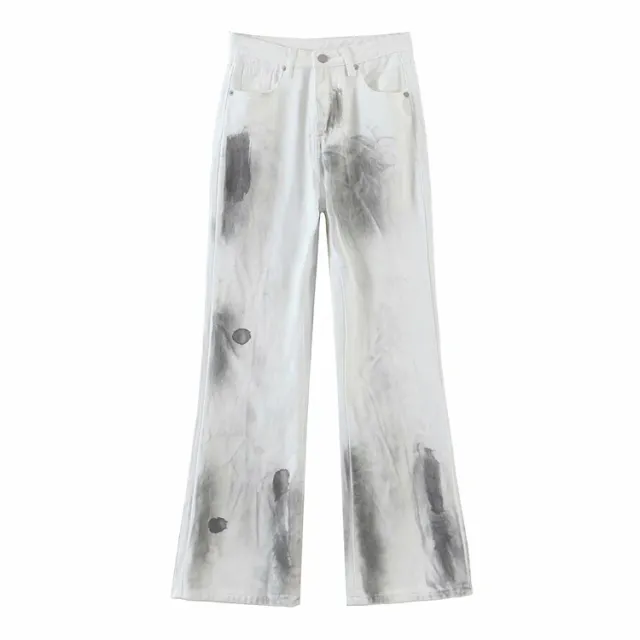Old Design Literary Retro Style Splash Ink Design High Waist Jeans Light Blue - Shop at LoveMi