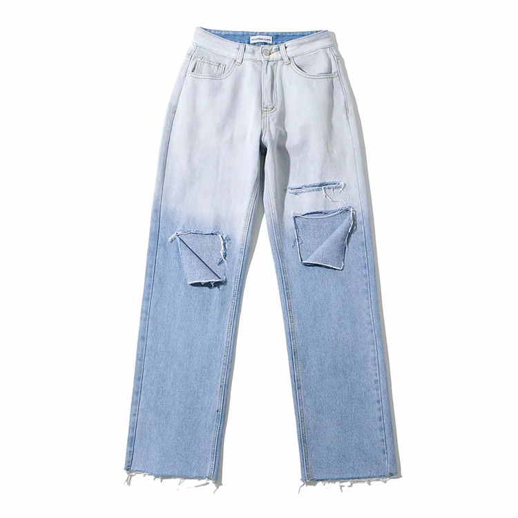 Street Hipster Boyfriend Style Personality Ripped Jeans Spring New Women's Pants Fashion Gradient Color Design Straight Pants
