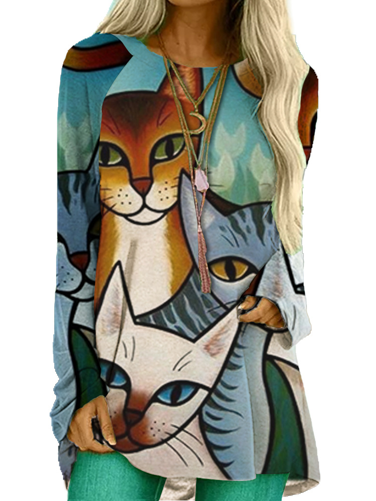 Fashion Round Neck Animal Cat Digital Printing Long Sleeves