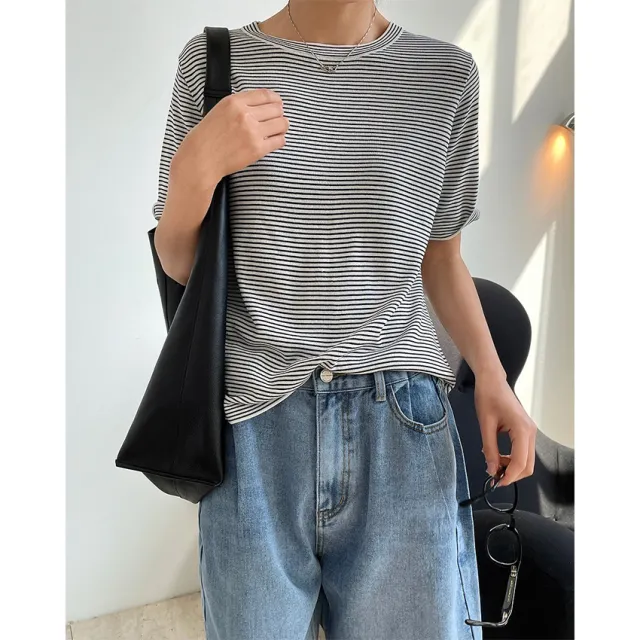 Summer New Korean Style Simple Stripe Short Sleeve T Shirt Looks Thin And Loose White - Shop at LoveMi