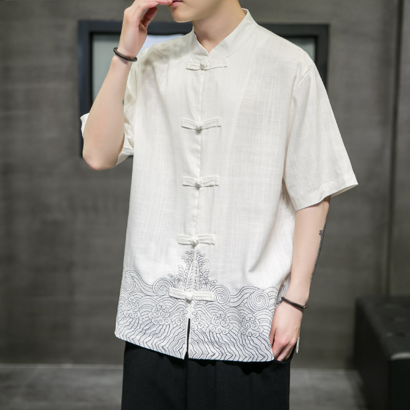 Chinese Style Men's Three-quarter Sleeve Linen Shirt