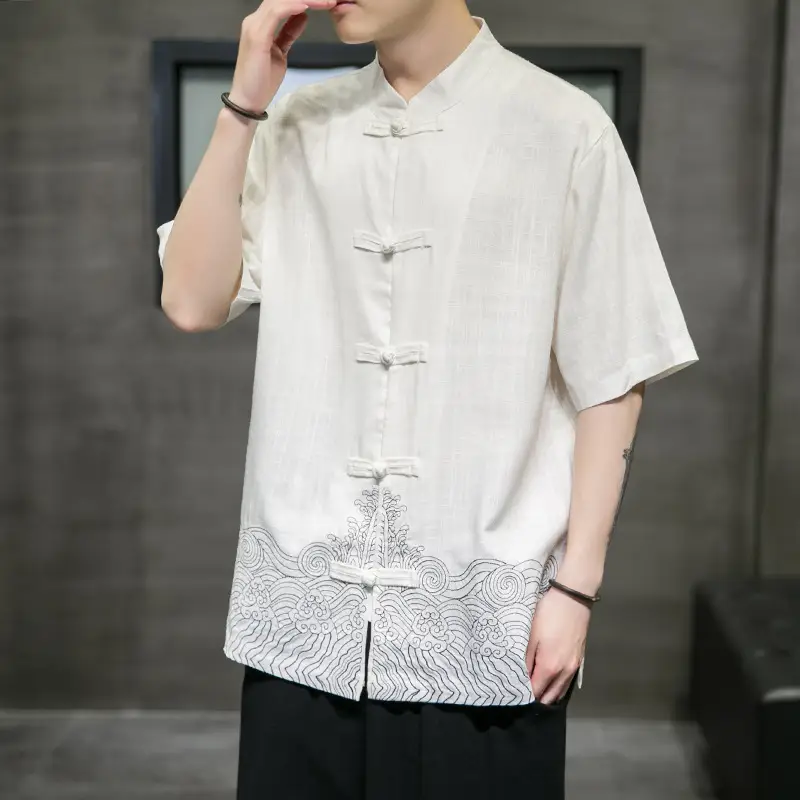 Chinese Style Men's Three-quarter Sleeve Linen Shirt