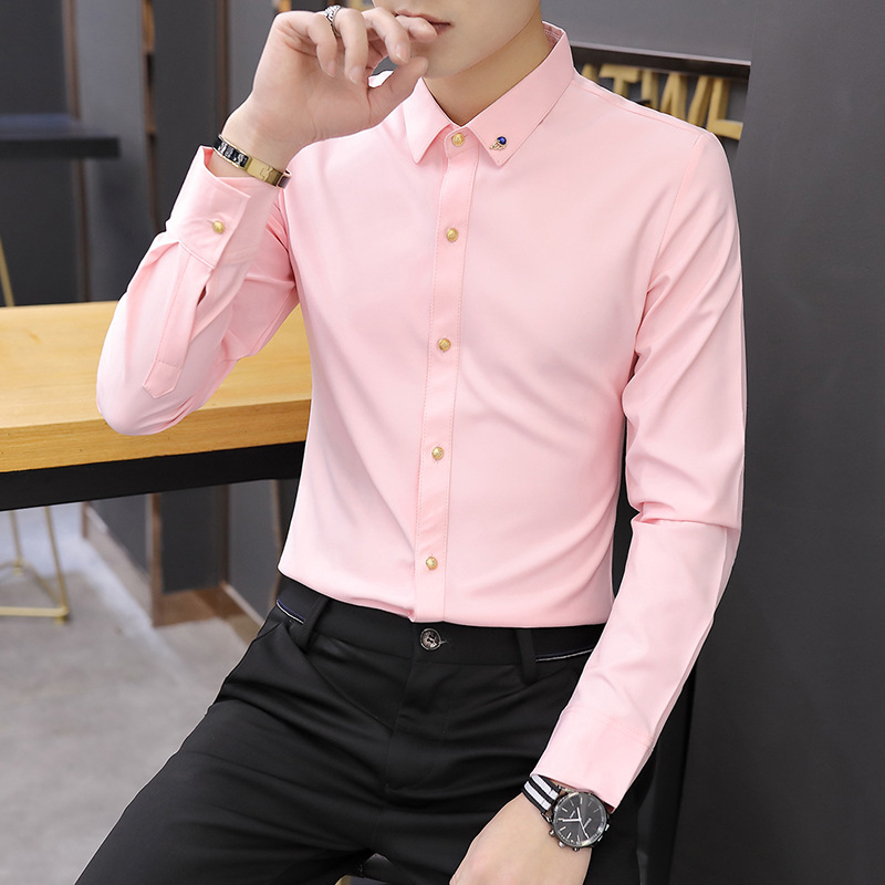 Spring Long-Sleeved Shirt Men'S Korean Style Trendy Handsome Slim Top