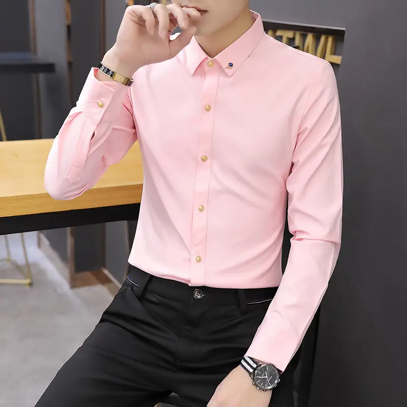 Spring Long-Sleeved Shirt Men'S Korean Style Trendy Handsome Slim Top