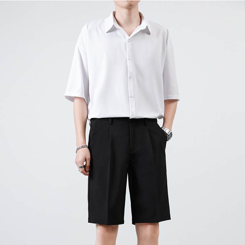Men's Hong Kong Style Shirt Suit Shorts Suit Men's Loose Korean Casual Five-point Pants Short-sleeved Shirt