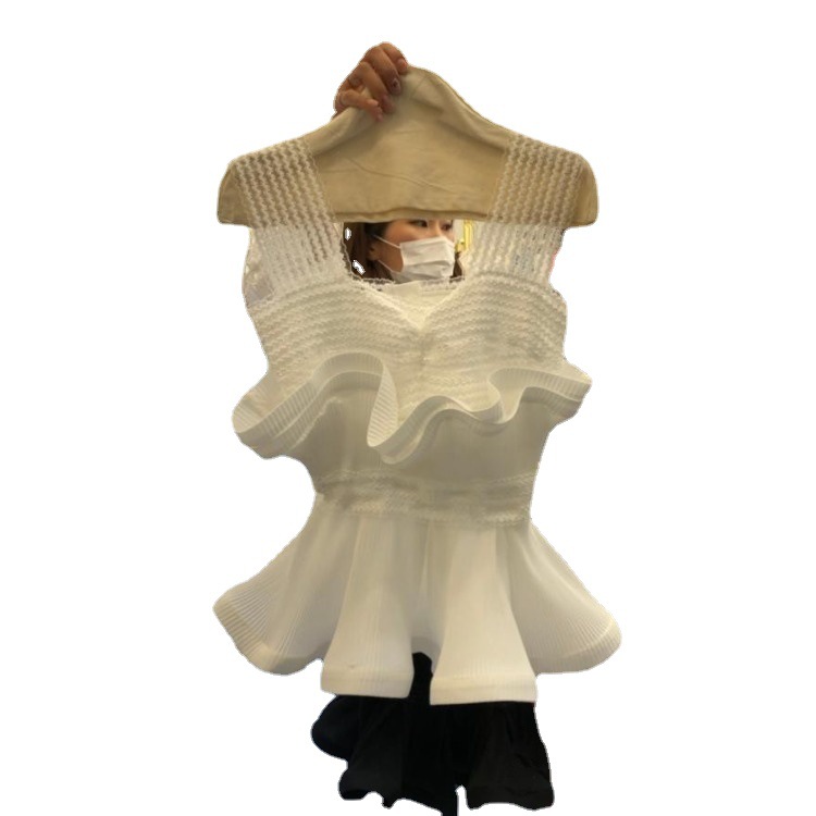 Summer New Women'S Lace Stitching Suspender Mesh Waist Ruffle Sleeveless Off Shoulder