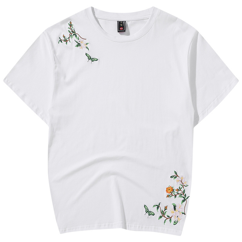 Loose Round Neck Embroidered Short-sleeved T-shirt Men's National Trend