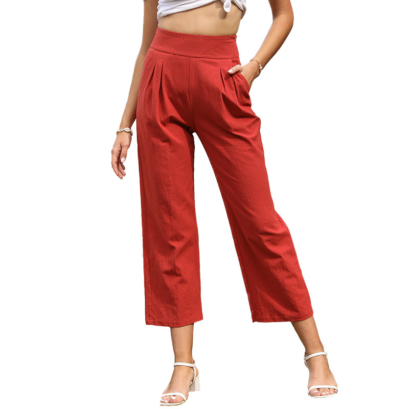 Title 2, Cropped Pants High Waist Solid Color Pocket Wid...