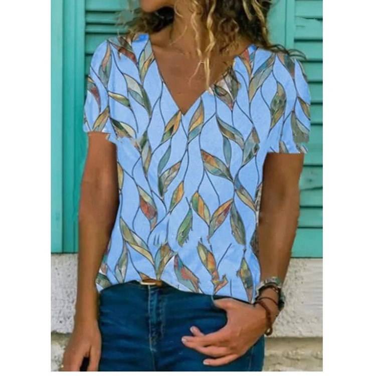 Summer Short Sleeved Loose Print Temperament V Neck Blue Vest