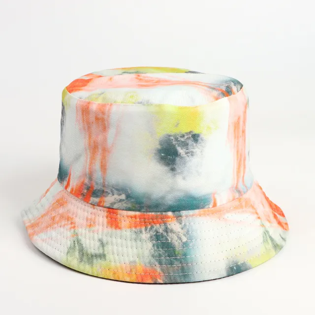 Tie dye Color Double sided 3D Printing Pattern Basin Hat Dark Green Orange - Shop at LoveMi