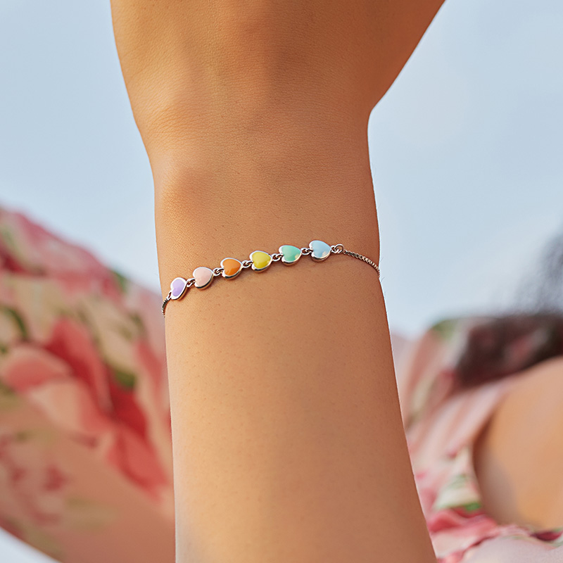 Bamoer Rainbow Color Enamel Heart Bracelet Women Heart-Shape 925 Silver Bracelet Jewelry Anti-Allergy SCB158
