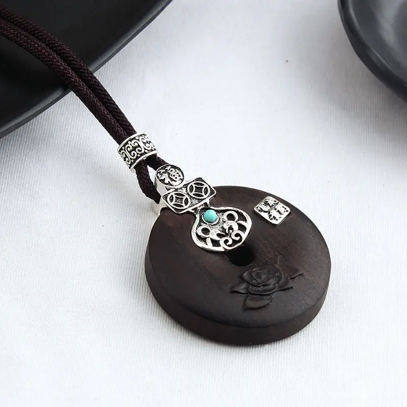 Women's Sweater Chain Long Cotton And Linen Accessories Ebony Wood Pendant