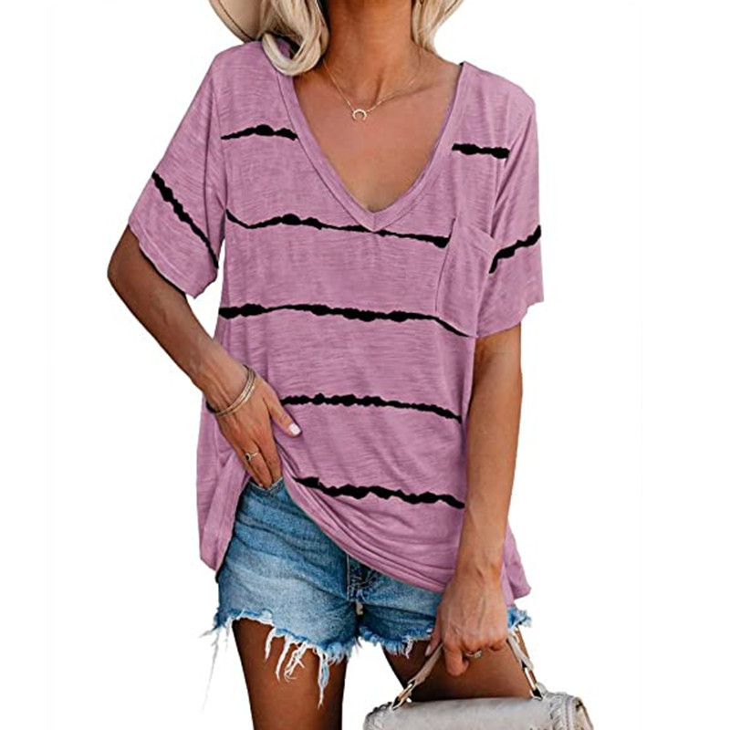 Loose Striped Print V-neck Pocket Short Sleeves