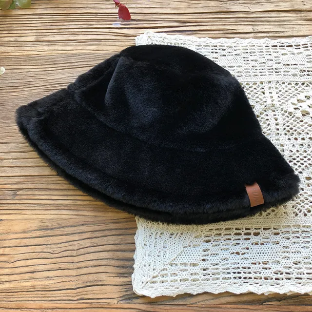 Faux Rabbit Fluffy Fisherman Hat Female High Cold Basin Hat Black - Shop at LoveMi
