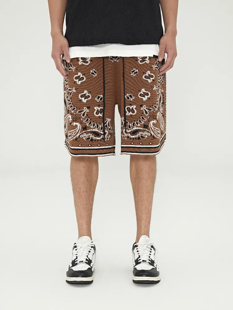 Boneless Cashew Jacquard Woolen Color-Blocking Shorts Sports Pants